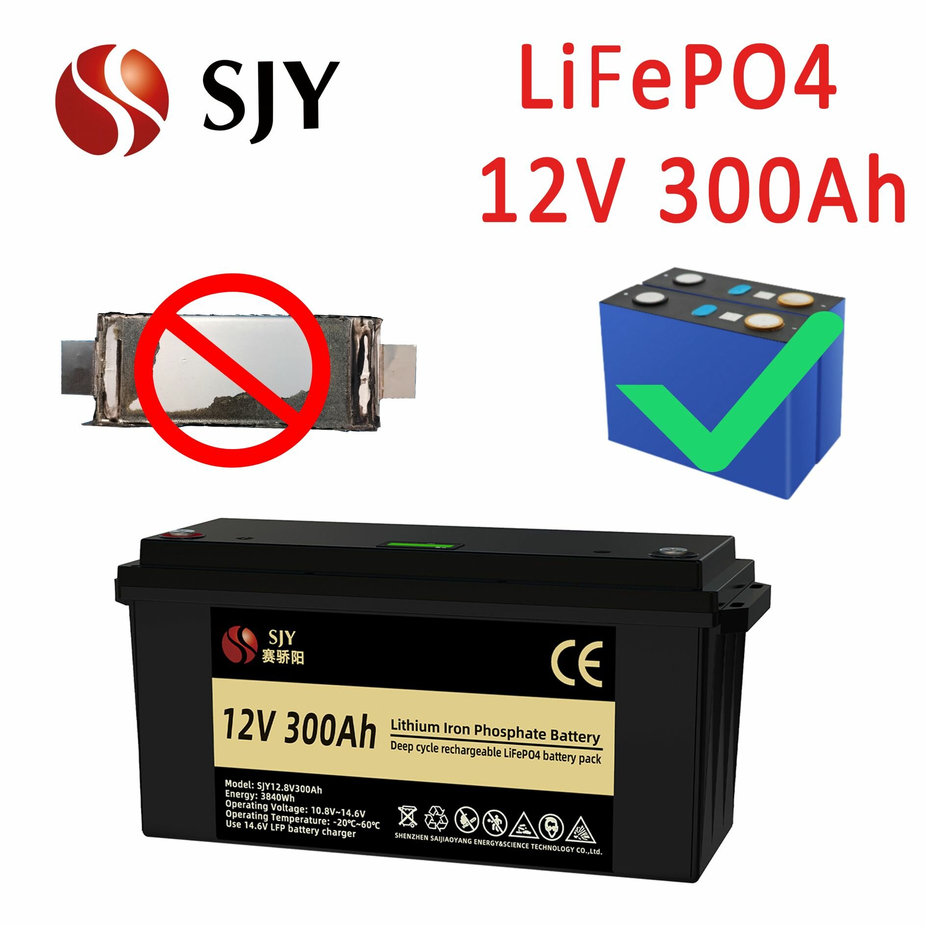 Аккумулятор SJY 12V 300Ah LiFePO4. Высокая емкость 300Ач, длительное питание для автодома, солнечных систем, лодки, мощного оборудования