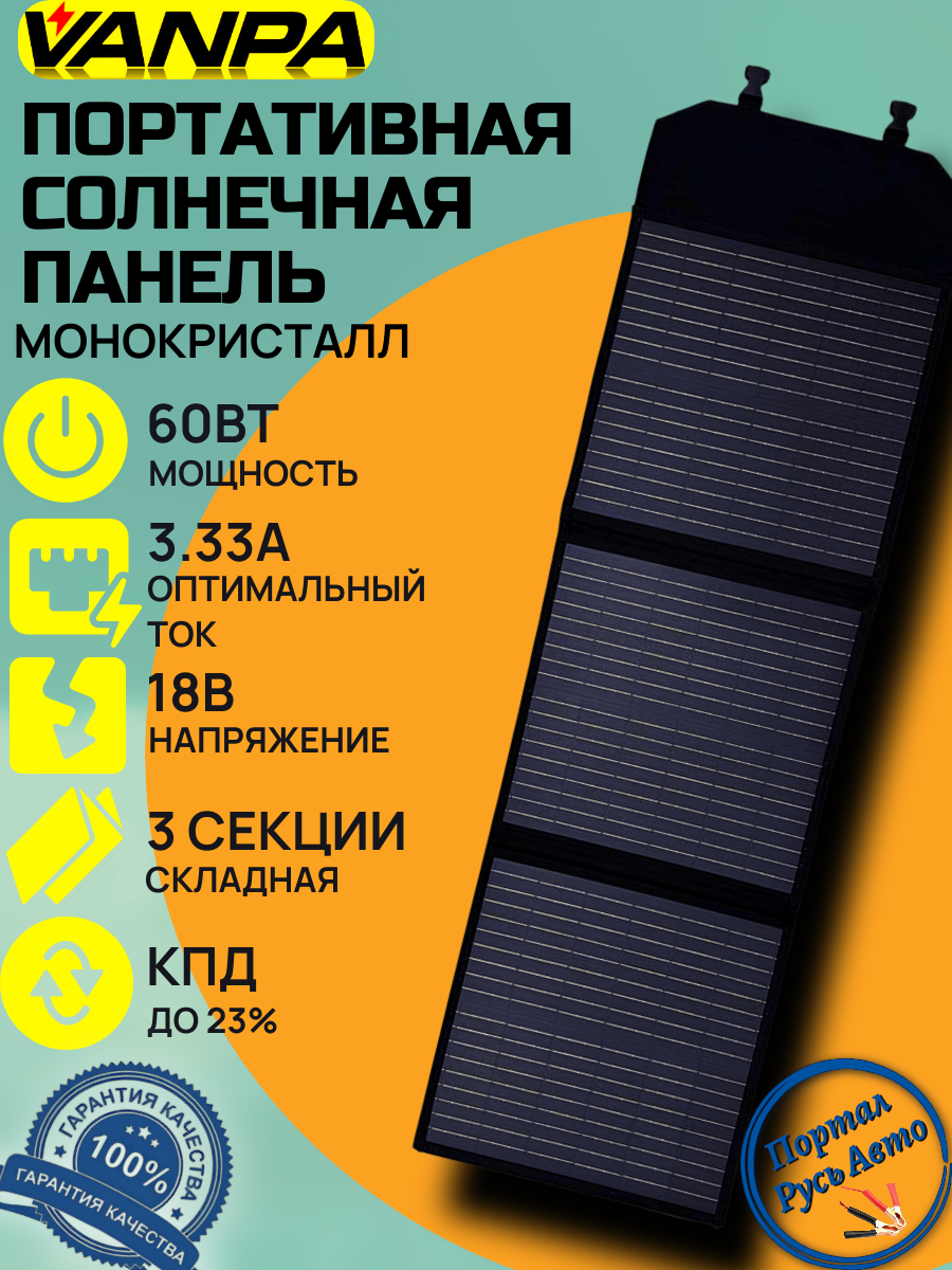 Солнечная батарея портативная складная панель Vanpa 60 Вт 18В