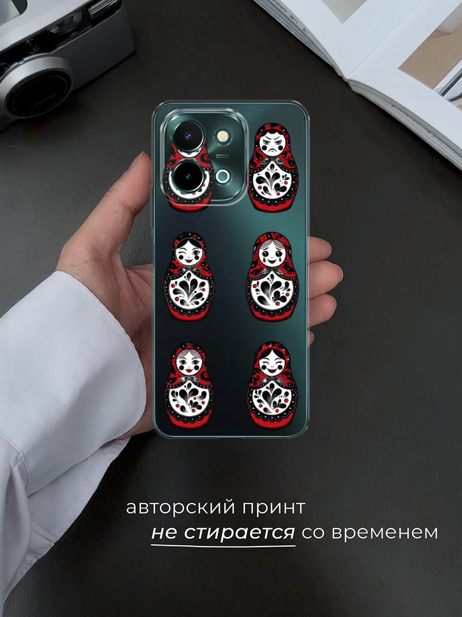 Чехол на Vivo Y28 4G / Виво Y28 4G с принтом Разные матрешки, прозрачный — фото 1