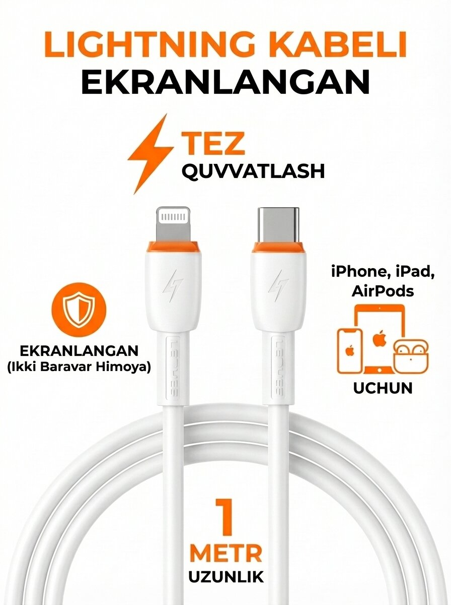 Кабель Lightning, экранированный, для iPhone, iPad, AirPods, быстрая зарядка