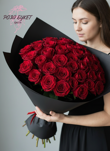 Изображение товара Букет цветов, букет из красных роз 51 шт 70 см, красивый букет цветов, премиум цветы, премиум букет, долгий букет