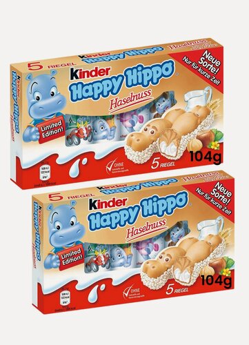 Изображение товара Шоколадно молочное печенье Kinder Happy Hippo Hazelnut / Киндер Хеппи Хиппо с фундуком, 104г. х 2 шт (Германия)