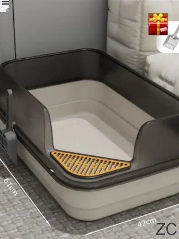Туалет для животных для кошек из полипропилена с бортиком, размер 61x42 см, серый