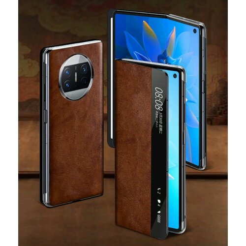 фото Премиальный элитный чехол-кейс mypads finestra del caso из натуральной кожи для huawei mate x3 с боковым окном коричневый