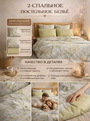 Изображение товара Комплект Постельного Белья Двуспальный. Мягкое На Кровать, Матрас, Диван. Набор Простыня Стандартная, 2 Наволочки, Пододеяльник С Прорезью. Хлопок, Поплин. Мидоу 220х240.