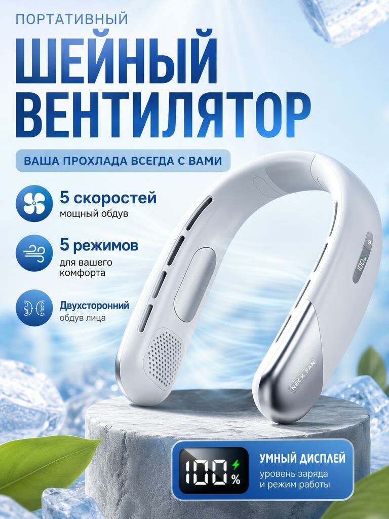 Мини вентилятор на шею беспроводной портативный, нашейный usb
