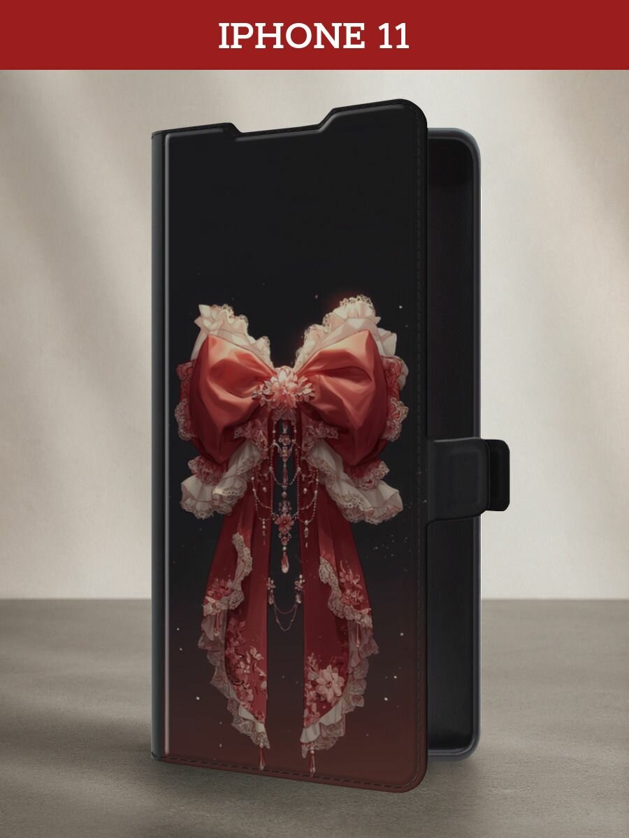 Чехол-книжка на Apple iPhone 11 / Айфон 11 с принтом Красный бант аниме, черный