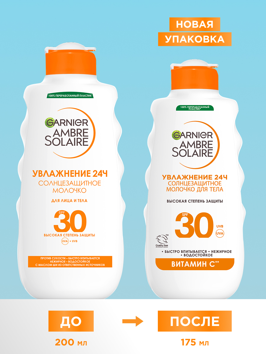 Garnier Солнцезащитное молочко для лица и тела Ambre Solaire, с маслом ши, увлажнение 24ч, водостойкое, SPF 30, 175мл — фото 1