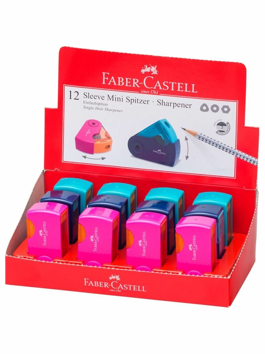 Точилка пластиковая Faber-Castell "Sleeve Mini" 1 отверстие, контейнер, розов./оранж, бирюз. (2 шт), 182714
