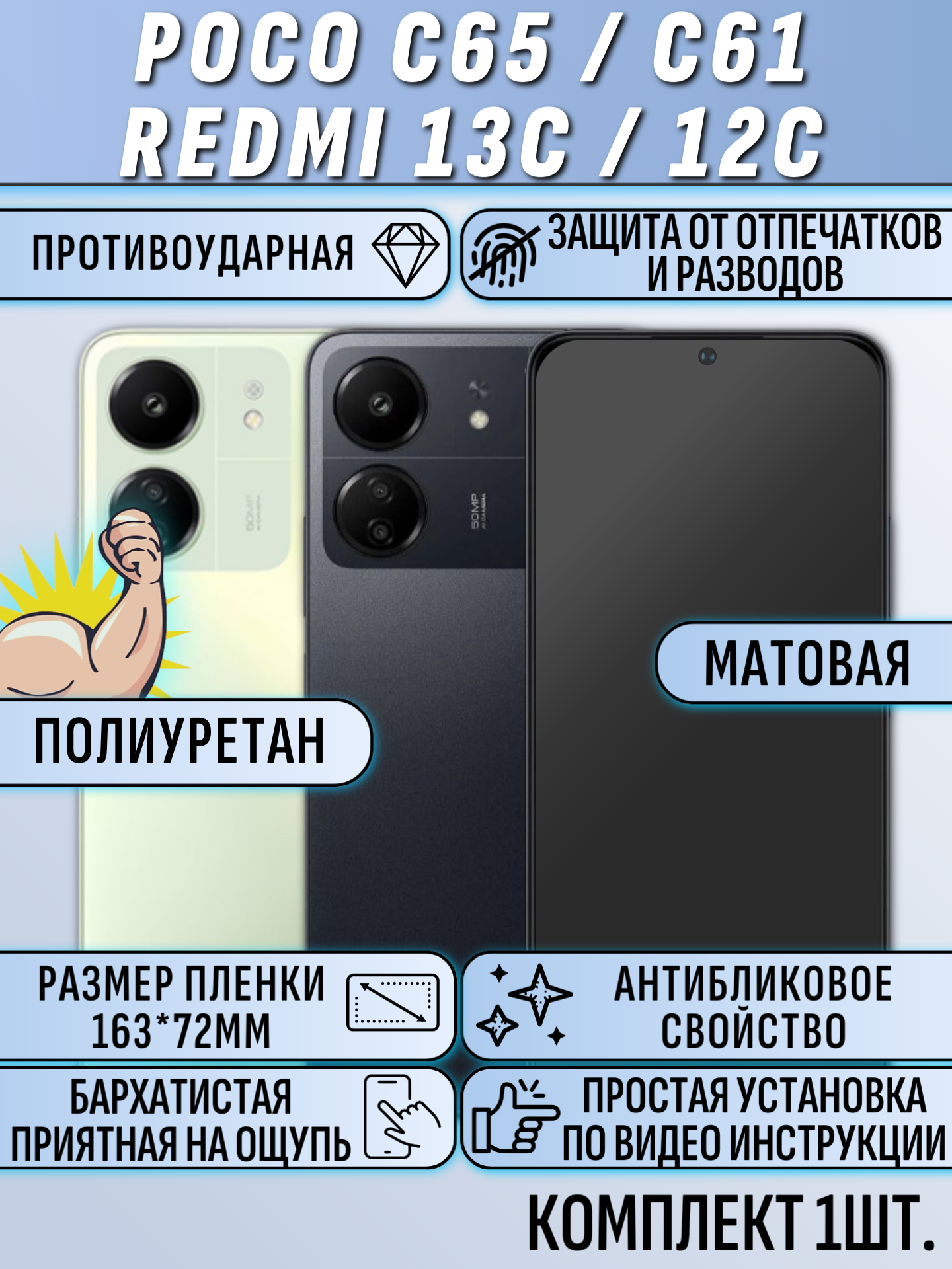 Гидрогелевая защитная пленка для Poco C65 / C61 / REDMI 13C / 12C матовая на весь экран 1 шт