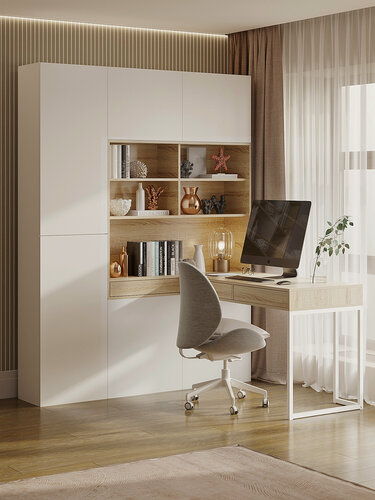 Изображение товара Стол компьютерный со стеллажом и ящиками Click, белый/сонома, 170х155х214 см