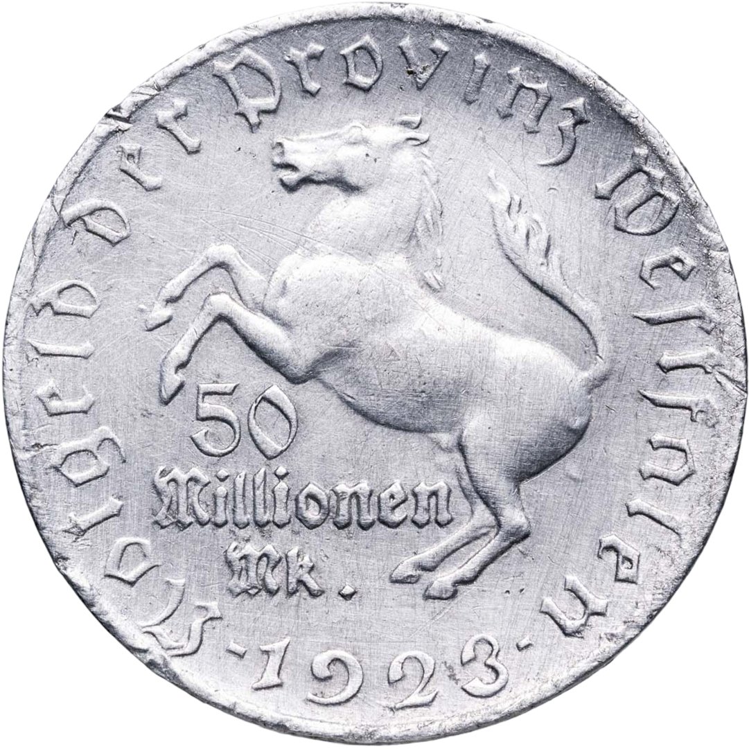 Германия, Вестфалия 50 миллионов марок 1923 "Генрих Фридрих Штейн" нотгельд, Алюминий, в сохранности VF