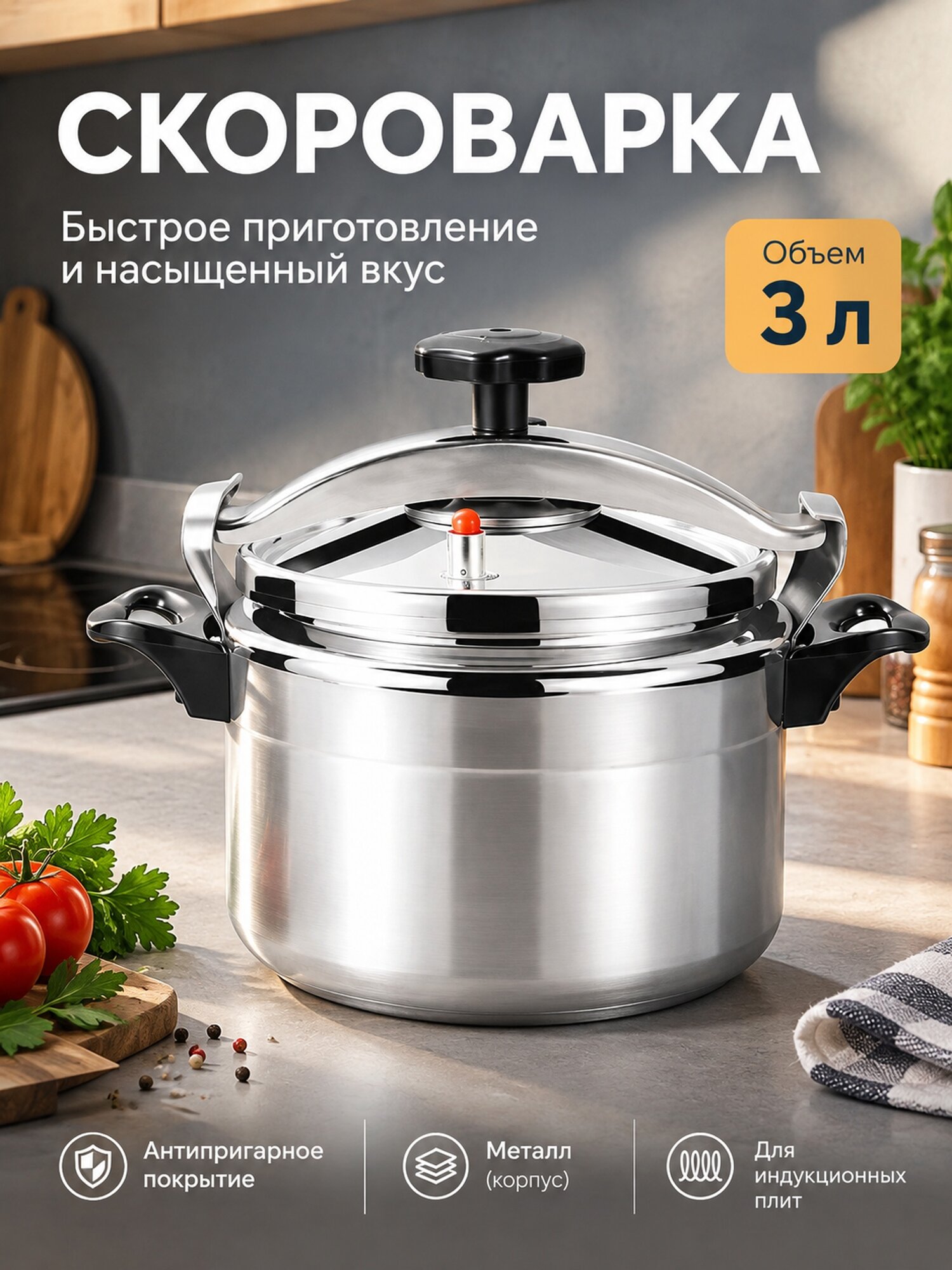 Скороварка объемом 3 л с антипригарным покрытием