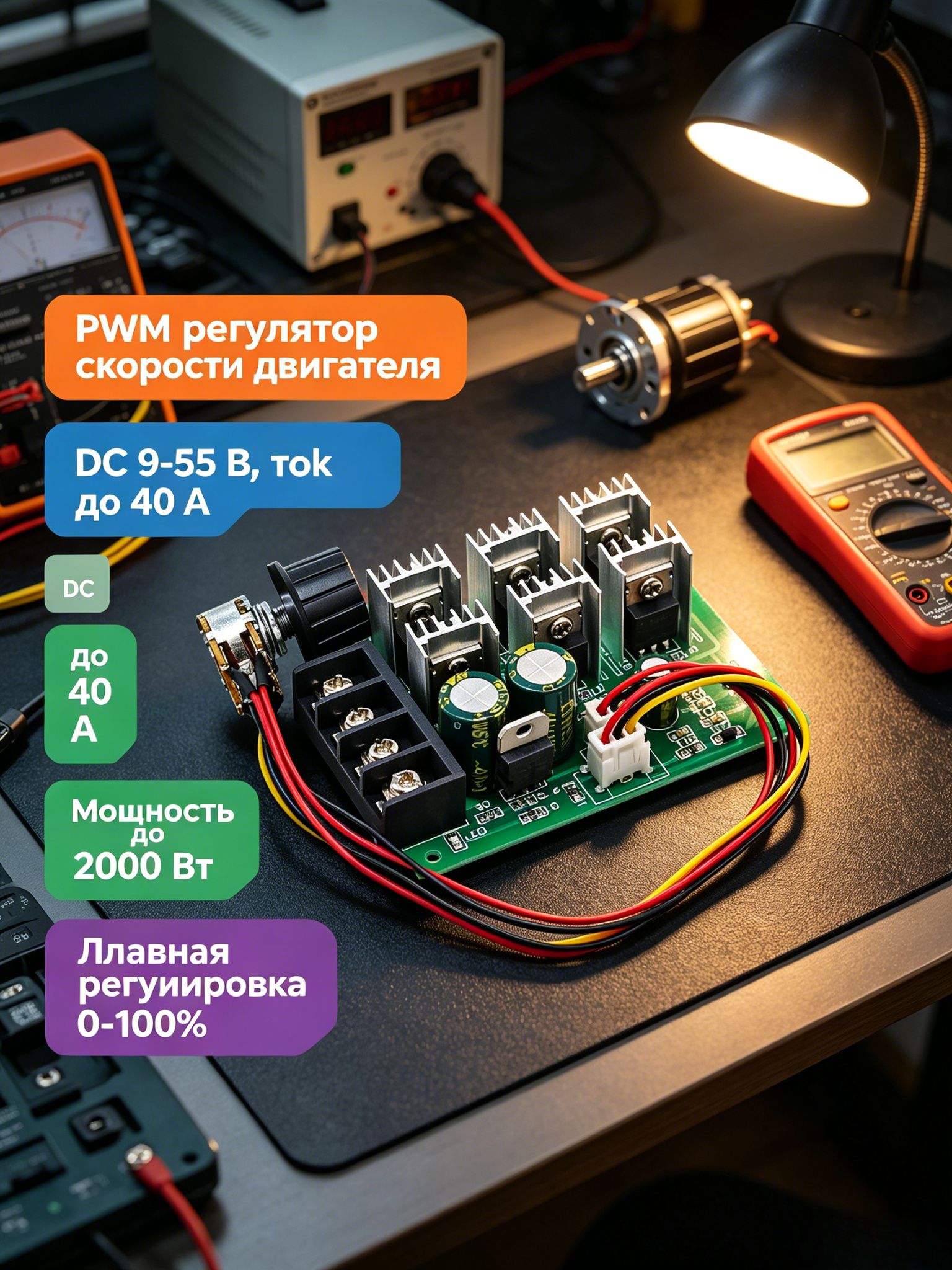PWM регулятор скорости двигателя постоянного тока, DC 9-55 В, 40 А, 2000 Вт, контроллер для щёточных двигателей
