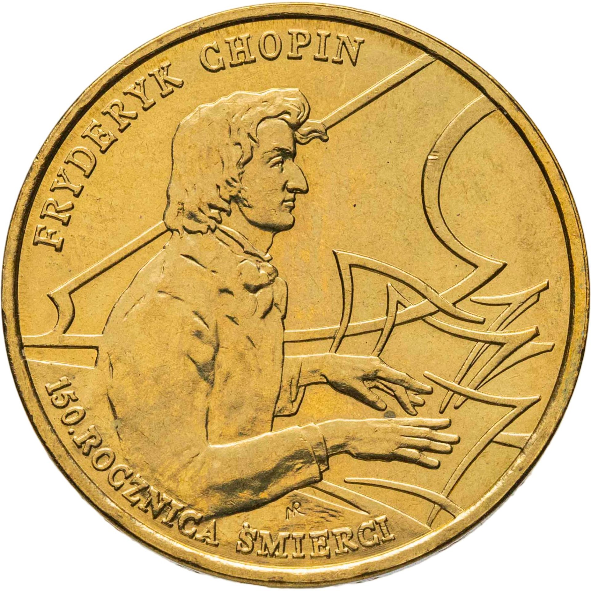 Польша 2 злотых zlote 1999 "150 лет со дня смерти Фредерика Шопена", Латунь, в сохранности UNC