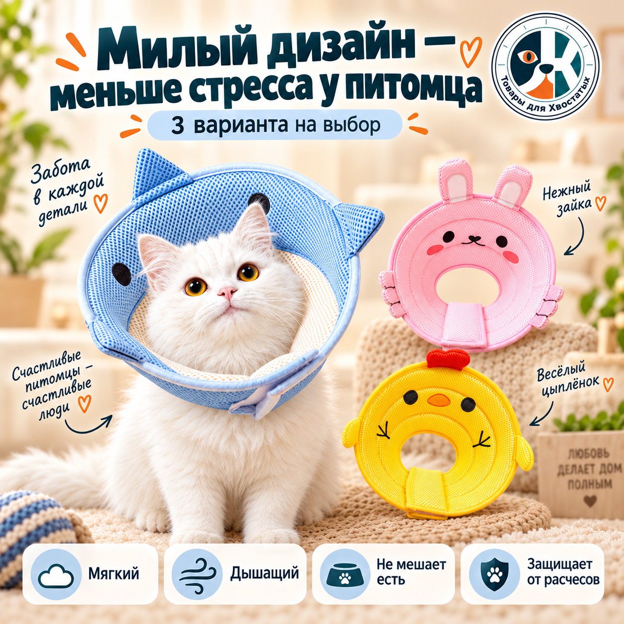 Защитный воротник‑конус для кошки, мягкий дышащий материал, не мешает есть и пить