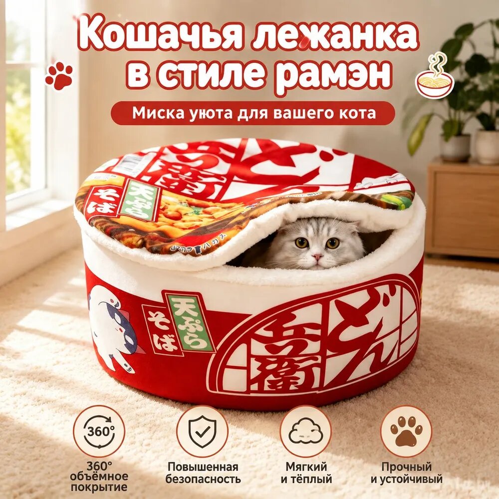 Лежак для кошек и собак в стиле рамэн 40*40*20 см, 360 тепла