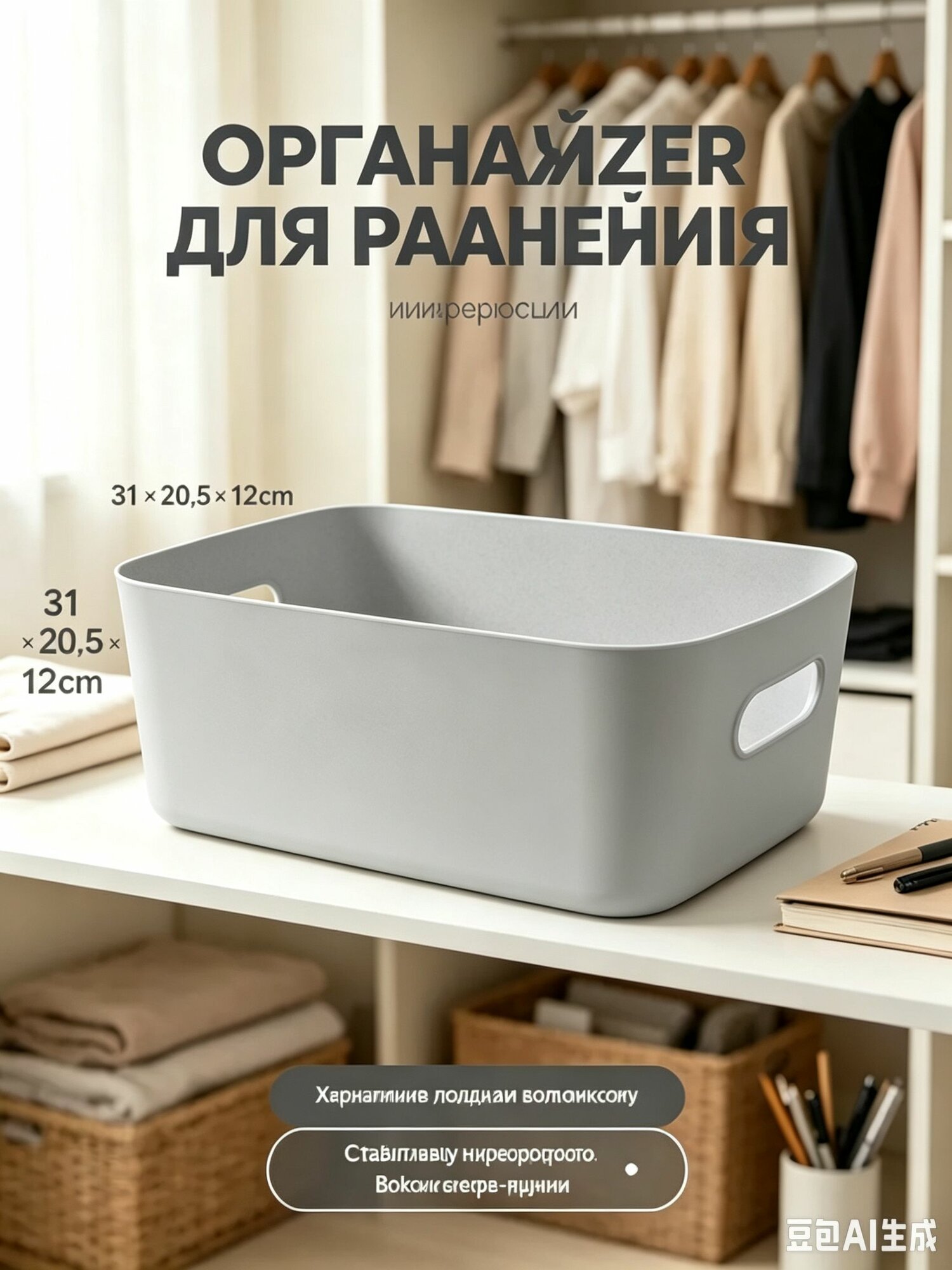 Ящик для хранения длина 30.6 см, ширина 20.5 см, высота 12 см, 1 шт, abs пластик, серый