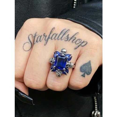 фото Славянский оберег, печатка starfallshop, фианит, размер 18.4, ширина 18 мм, синий, серебряный