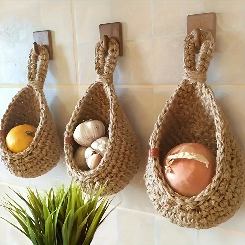 Плетеные подвесные корзины для хранения, набор 3 шт. (7.87×9.06×9.84 дюйма), декор в стиле бохо для кухни и столовой