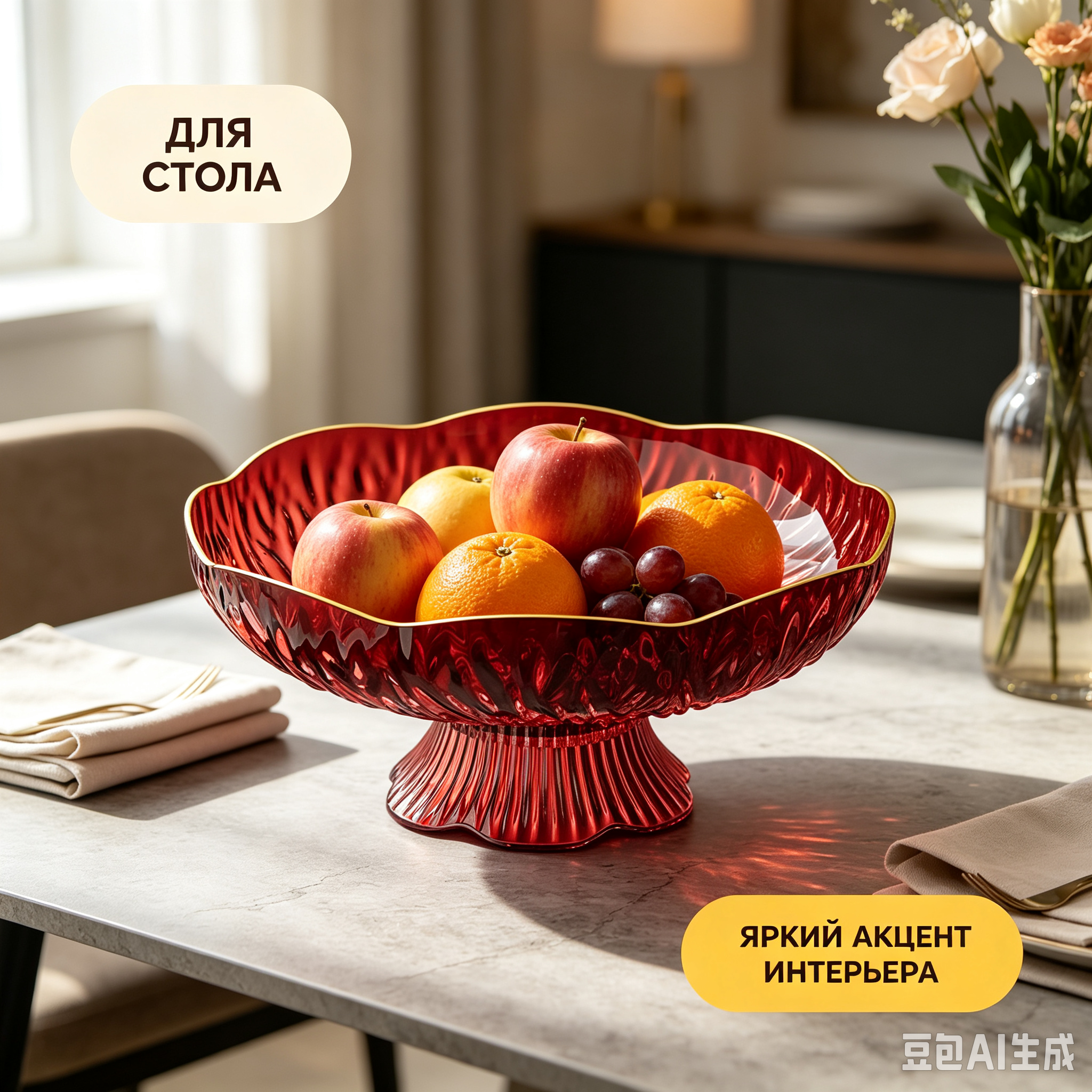 Декоративная стеклянная ваза-миска с золотой каймой, красная фруктовница на ножке