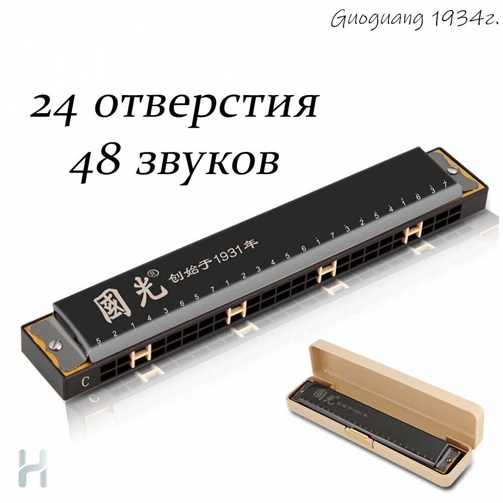 Губная гармоника Guoguang, черный цвет, 24 отверстия, с тремоло