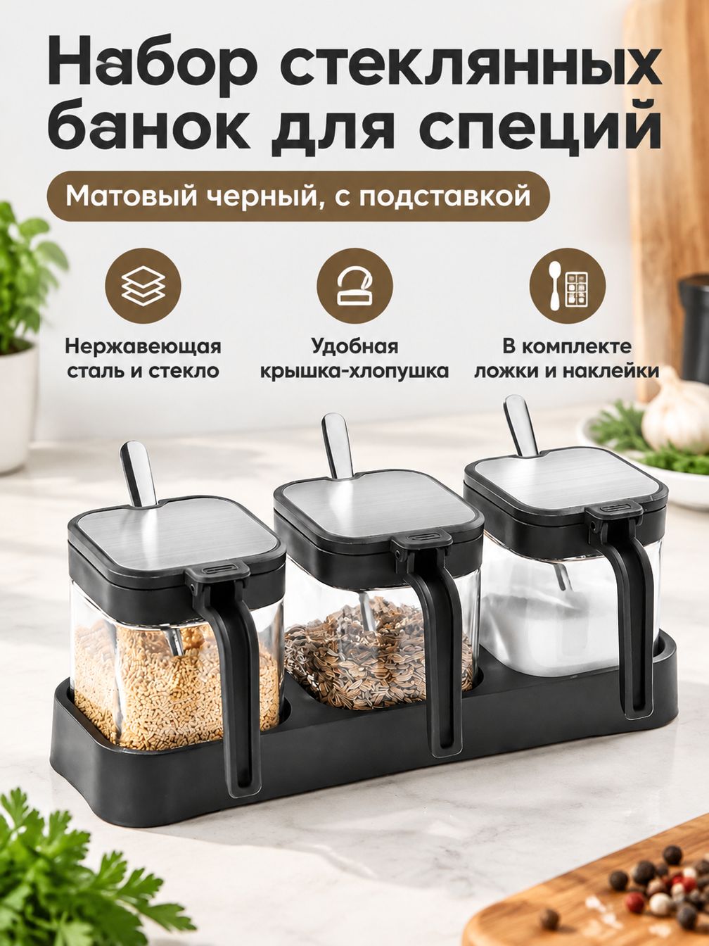 Набор специй из 3 предметов: стеклянные банки с нержавеющей крышкой, ложки и подставка, матовый черный