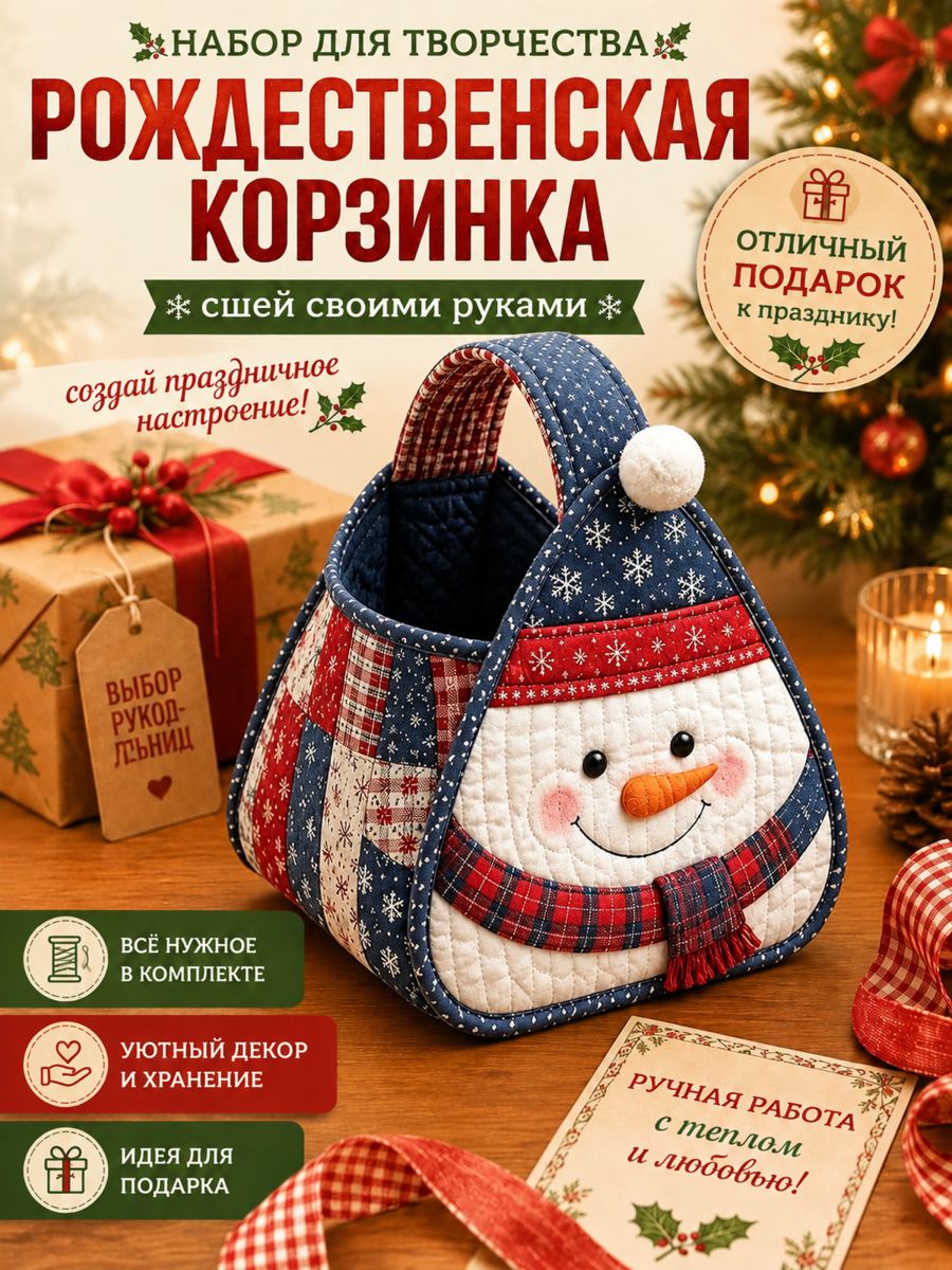 Набор для шитья новогодней корзинки, фетр, Дед Мороз, олень, пряничный, DIY