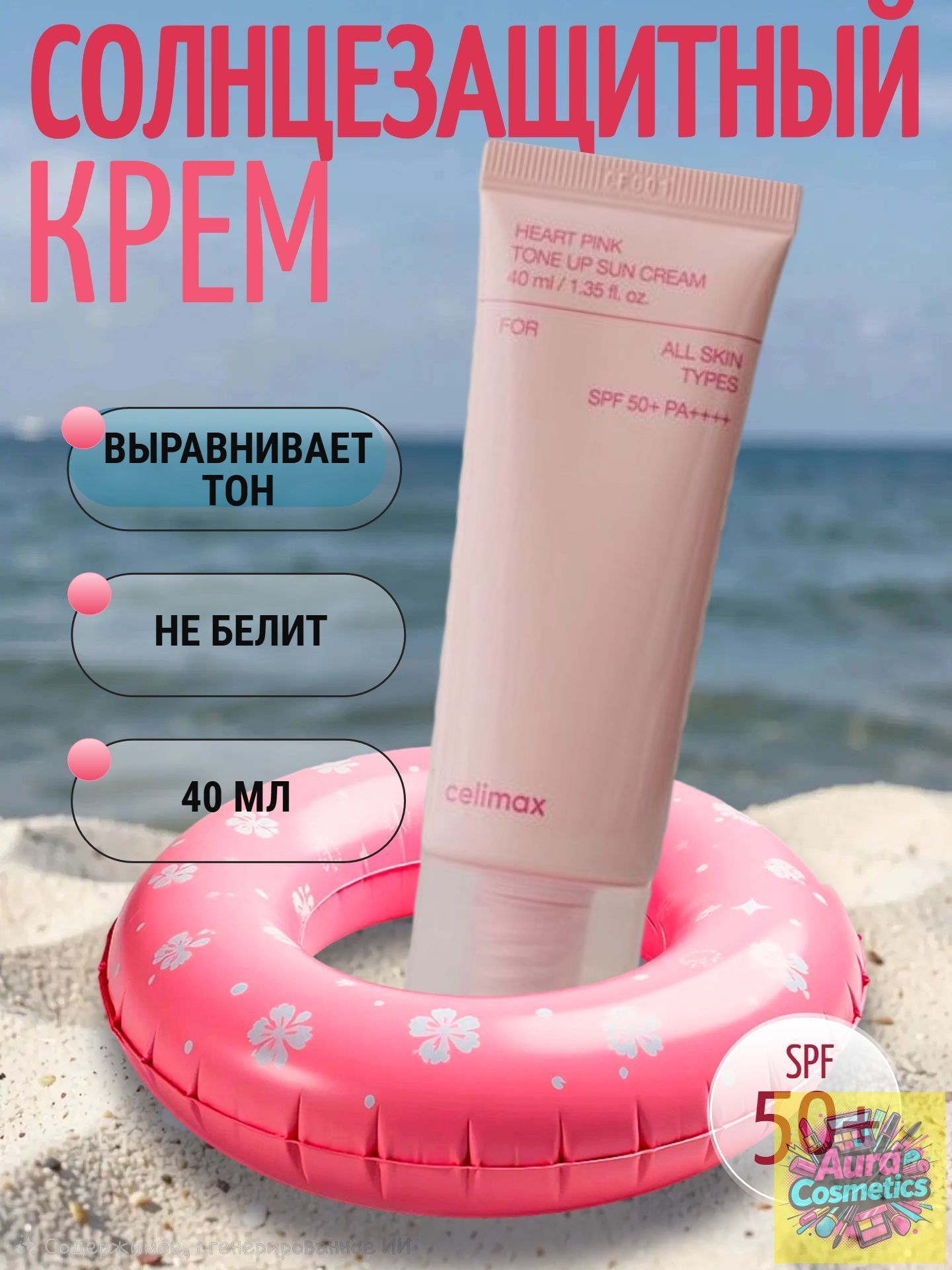 CELIMAX Крем солнцезащитный выравнивающий HEART PINK TONE UP SUN CREAM SPF50+ PA++++, 40 мл.
