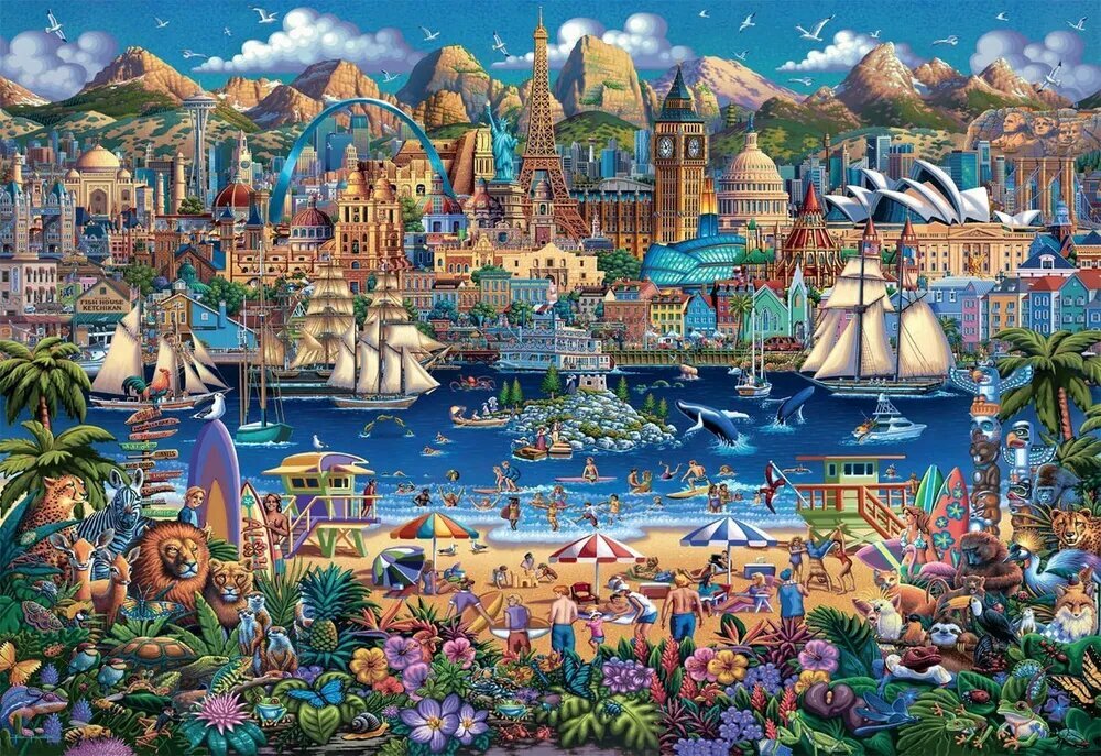 Деревянные пазлы 1000 элементов, подарочная упаковка,50x75cm, Кусочки мира Даудла, подарочный набор для взрослых, продвинутый уровень сборки 5-10.