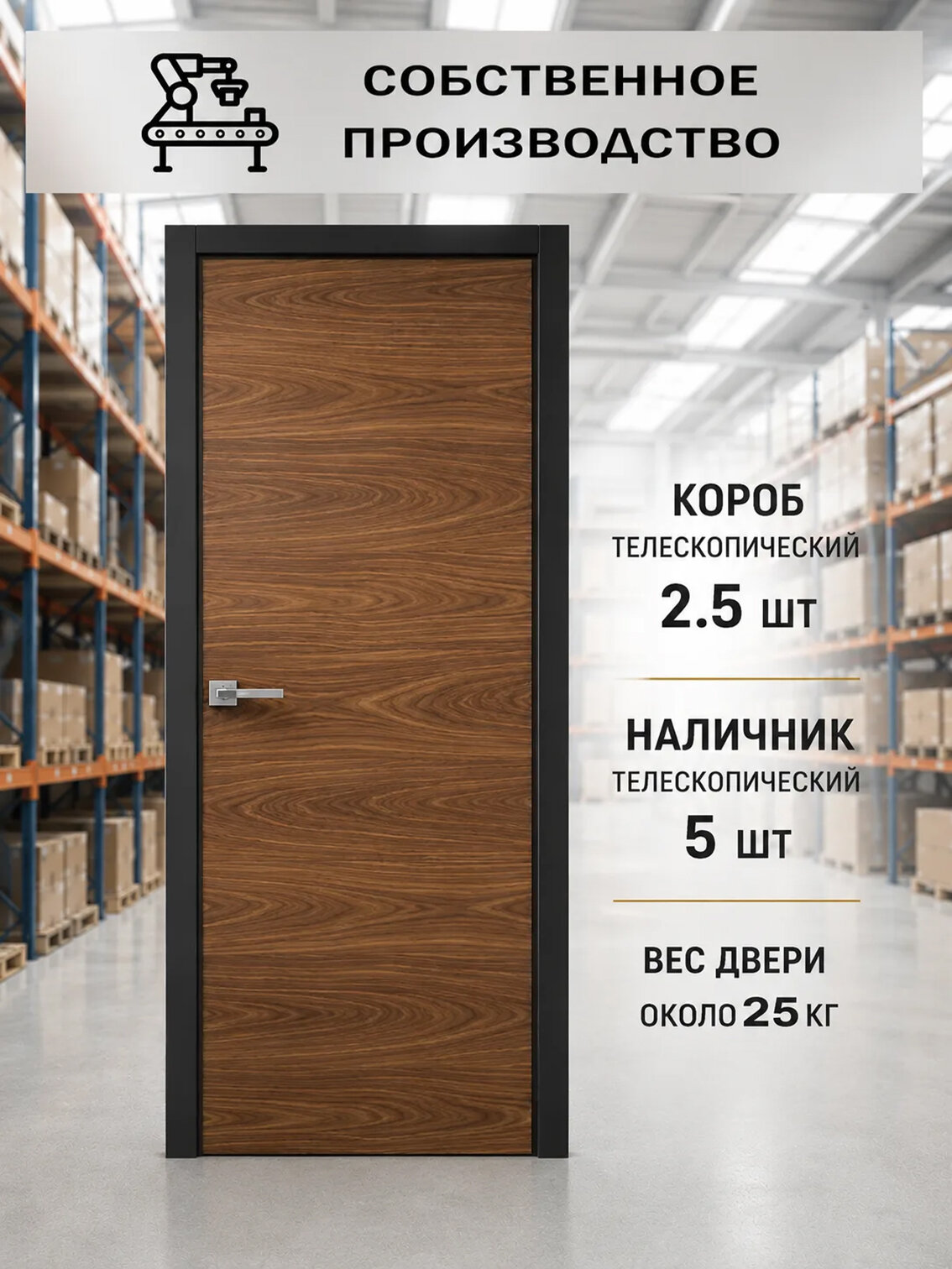 Дверь межкомнатная комплект с коробкой и наличниками Аметист без стекла, американский орех, 800х2000мм черный погонаж — фото 1