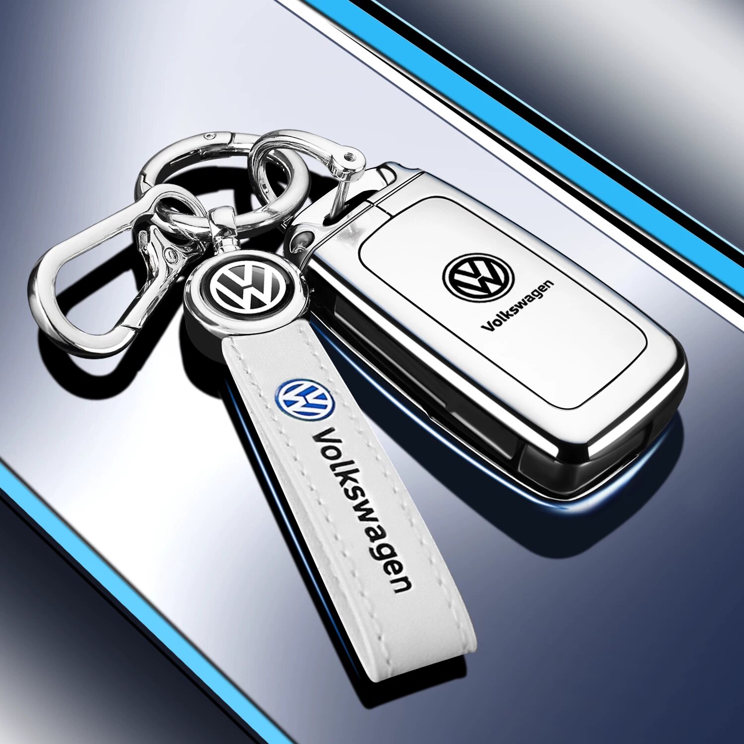Ключевой чехол Volkswagen в серебристом цвете из цинкового сплава с автомобильной биркой-веревочным замком для моделей