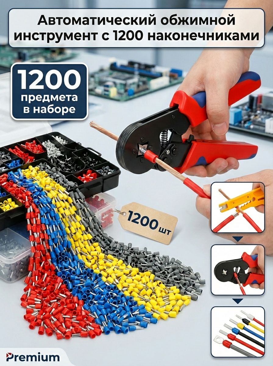 Ferrule Crimping Tool Kit, 0,25-10 мм Саморегулируемая дроба в форме лука с разъемами 1200 шт.