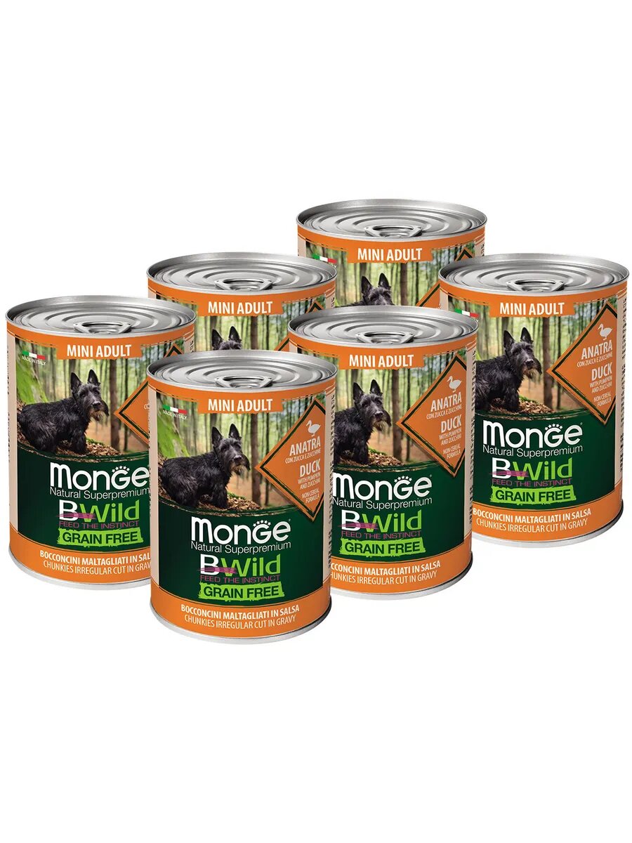 Корм влажный Monge Bwild Adult Dog Mini Grain Free беззерновой для взрослых собак мелких пород, утка, тыква и кабачок, 400 гр х 6 шт