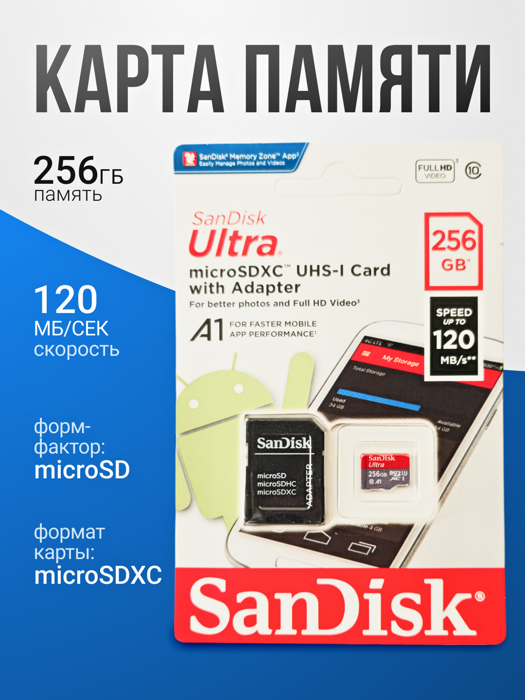 Карта памяти microSD 16/ 32 /64 / 128 /256 ГБ — для смартфонов, камер, видеорегистраторов и не только San Disk