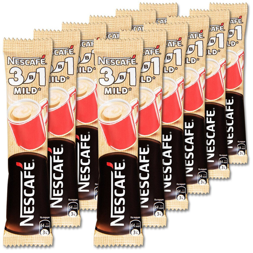 Nescafé 3 в 1 — малочний растворимый кофе с сахаром и сливками, 10 пакетов (145 г)