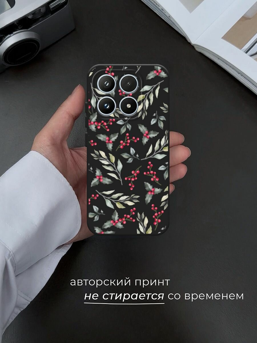 Черный матовый чехол на Xiaomi 17 / Сяоми 17 с принтом Зимние ягоды паттерн — фото 1