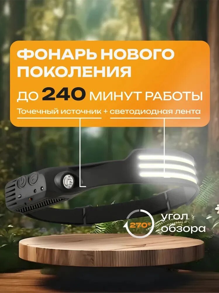 Фонарик налобный аккумуляторный светодиодный мощный лазерный фонарь — фото 1