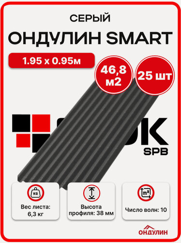 Изображение товара Ондулин SMART 1.95х0.95м серый - 25 листов/связка