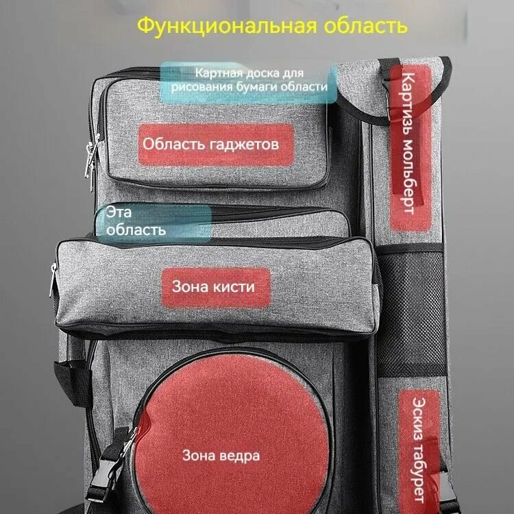 Рюкзак сумка-папка художника для пленэра, подходит для форматов А2 и А3, с карманами для треноги, планшета, стула, палитры, ткань оксфорд, серый