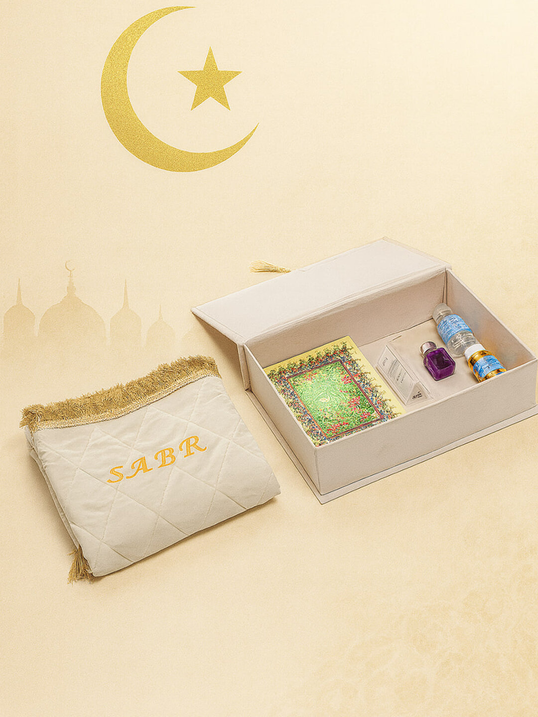 Набор молитвенный для намаза, книга, коврик, четки, мисвак, мушк, в подарочной упаковке - Белый