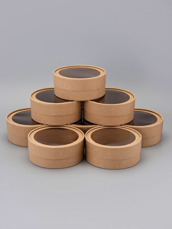 Набор круглых подарочных коробок, завальцованные с окном, крафт, набор 8 шт, 15 6 см
