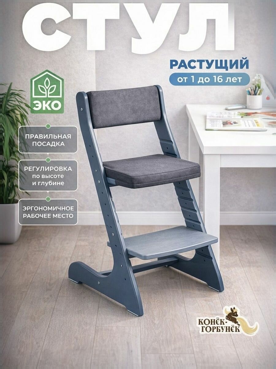 Растущий стул для детей и школьников Конек Горбунек Стандарт, для кормления детский, Серый, с подушками Графит