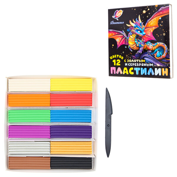 Пластилин Луч "Фантазия", 12 цветов, классический, золотистый, серебристый, 230 г, стек
