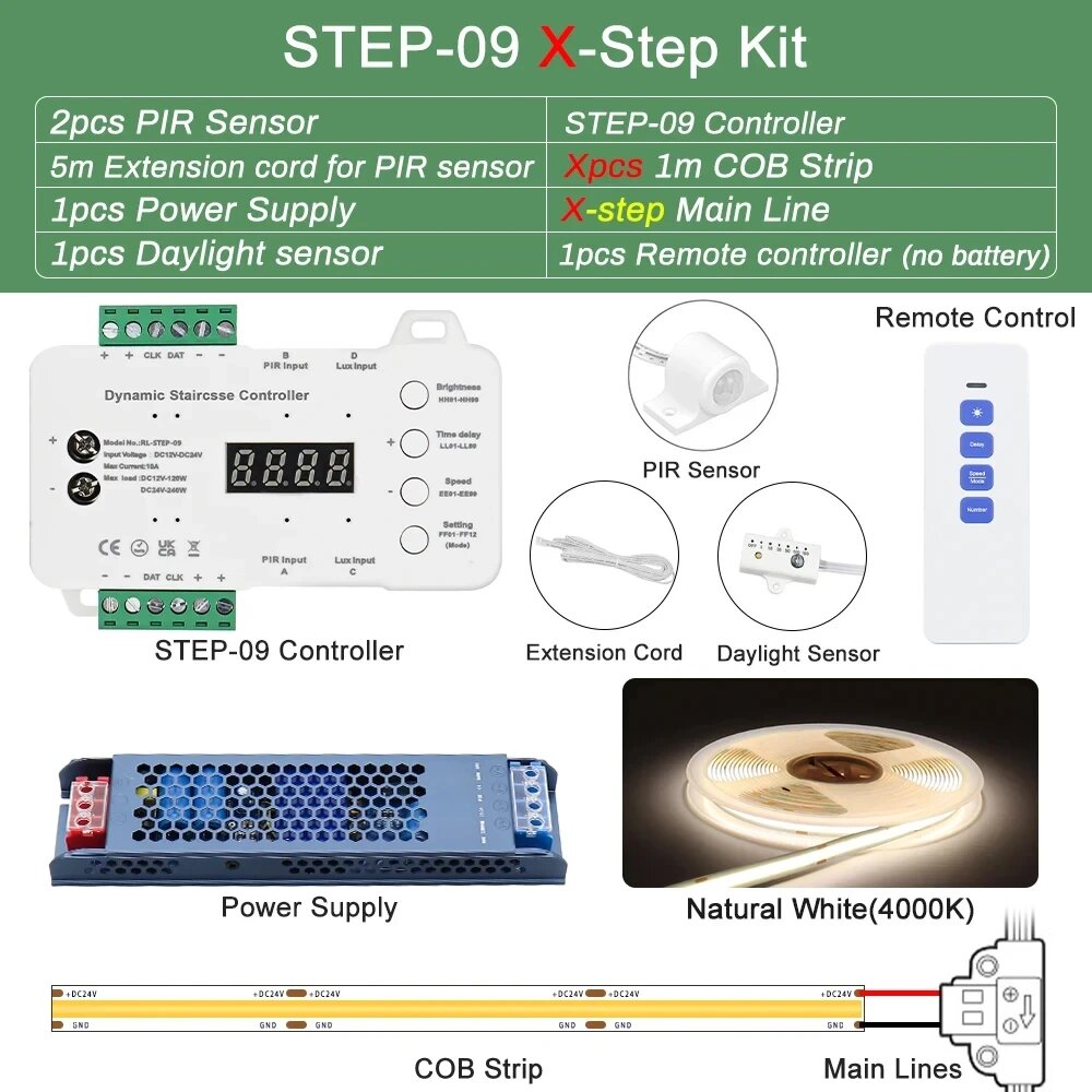 Светодиодная подсветка для лестниц FOB COB 1-40 ступеней с датчиком TypeB 09 4000K, 16 Step Kit