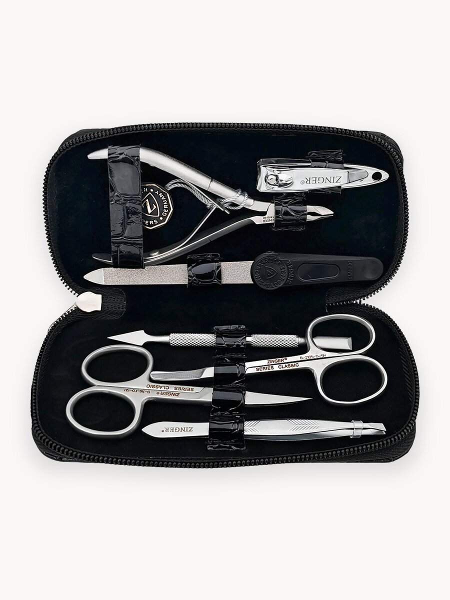 Маникюрный набор мужской Zinger 8105, 7 предметов, медицинская сталь, серебристый/черный