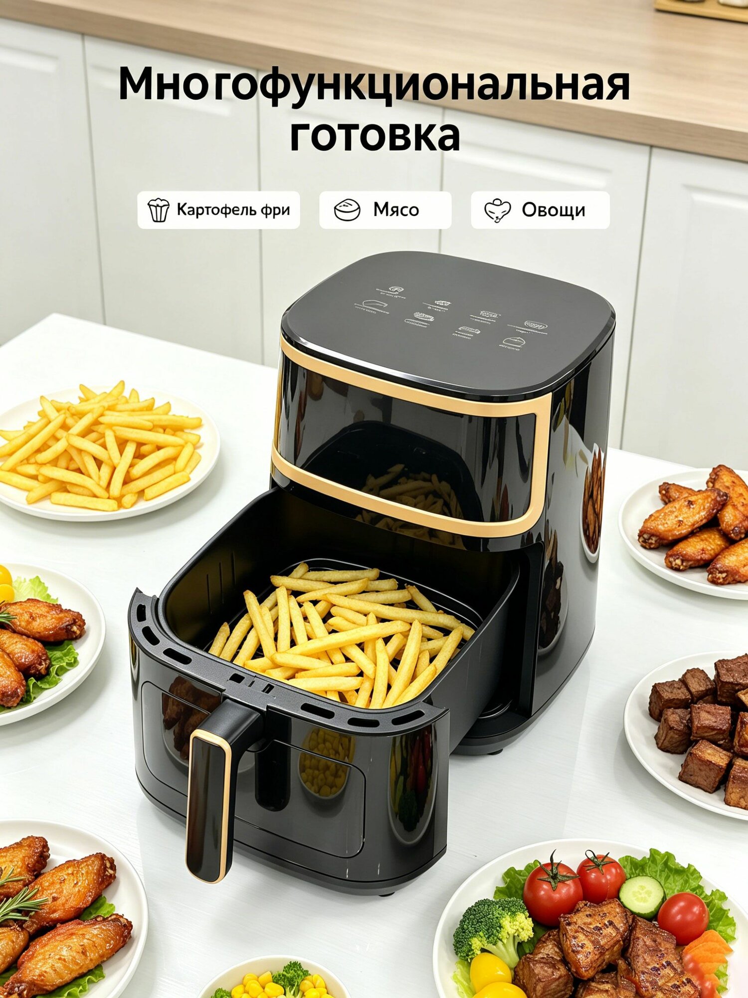 Аэрогриль электрический многофункциональный, без масла, компактный, объем 6 л, для домашнего приготовления — скидка по промокоду Яндекс Маркет