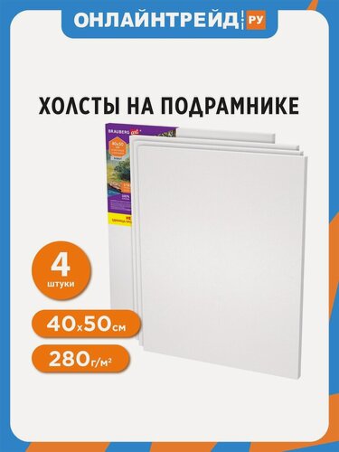 Изображение товара Холсты на подрамнике Brauberg в коробе набор 4 шт. (40х50 см), 280 г/м2, грунт, 100% хлопок, ART DEBUT, 192512