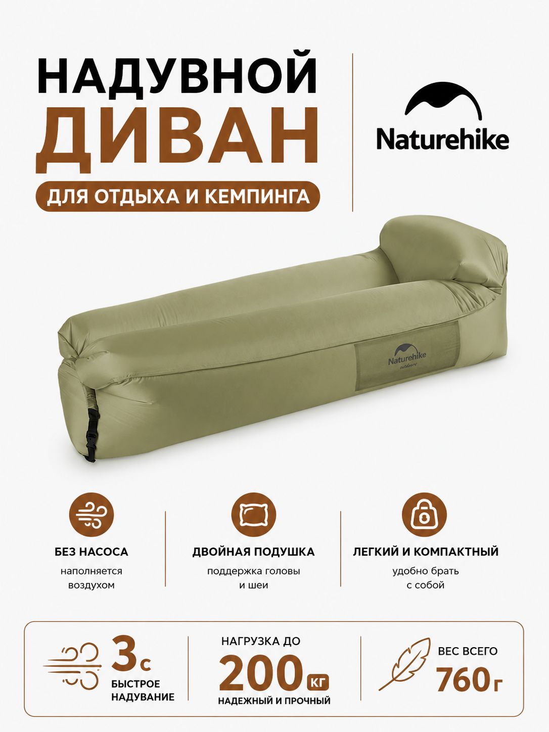 Naturehike Диван надувной 180, зелёный авокадо, ручной насос, длина 180 см, высота 52 см, для отдыха и плавания