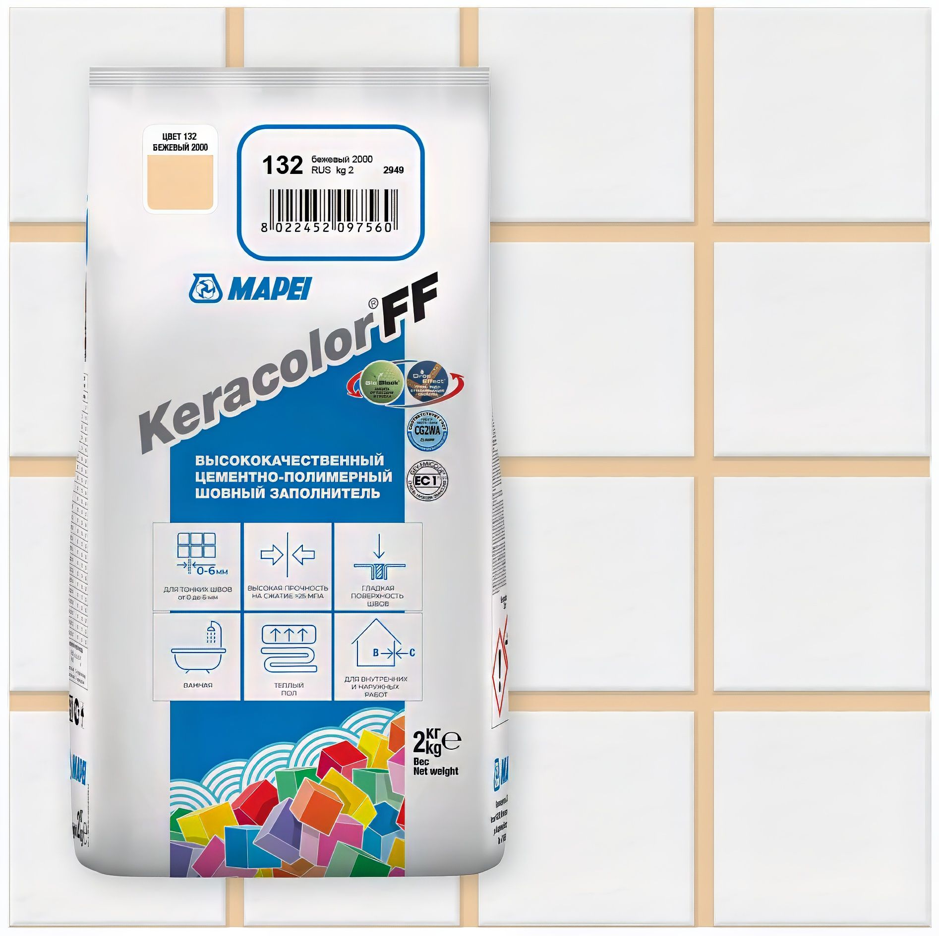 Затирка цементная Mapei Keracolor FF 132 цвет бежевый 2 кг